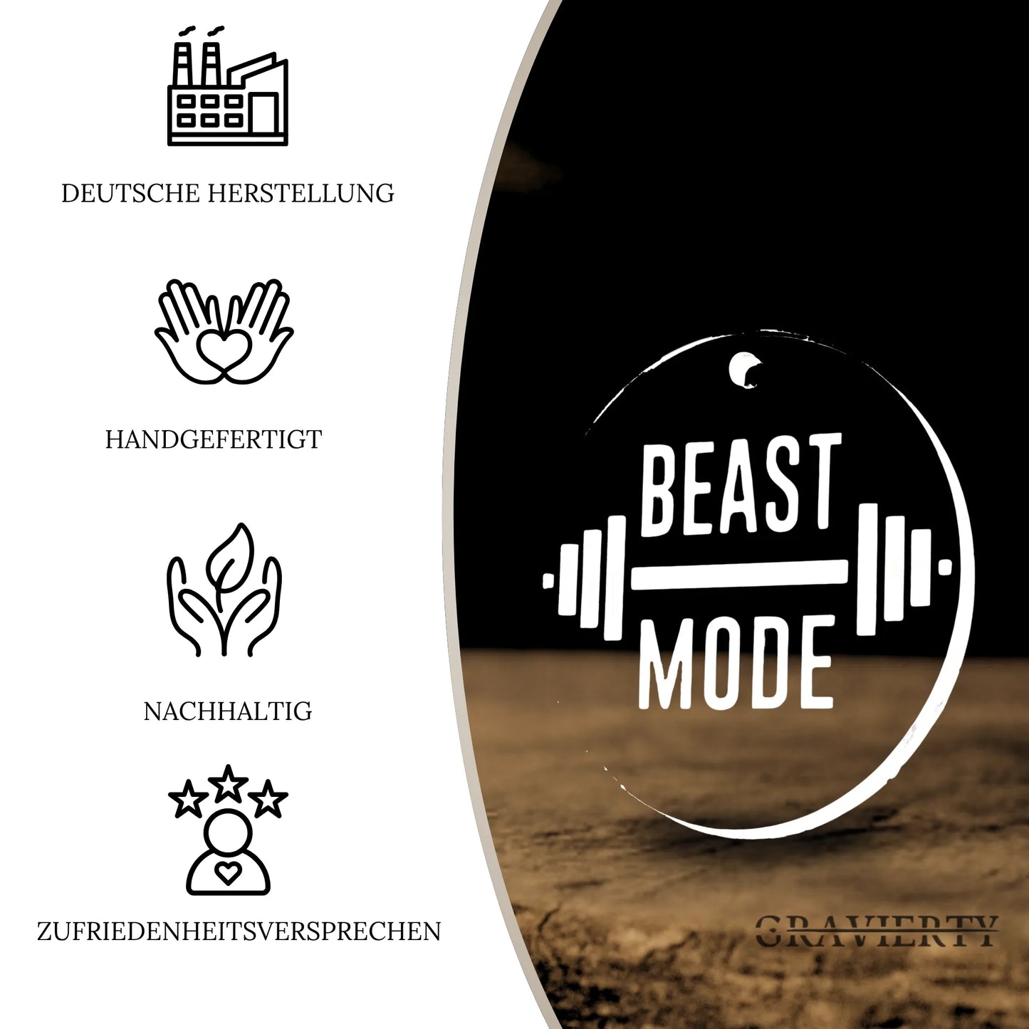 Vorteile des Acryl Duftbaums 'Beast Mode' : Deutsche Herstellung, Handgefertigt, Nachhaltig, Zufriedenheitsversprechen