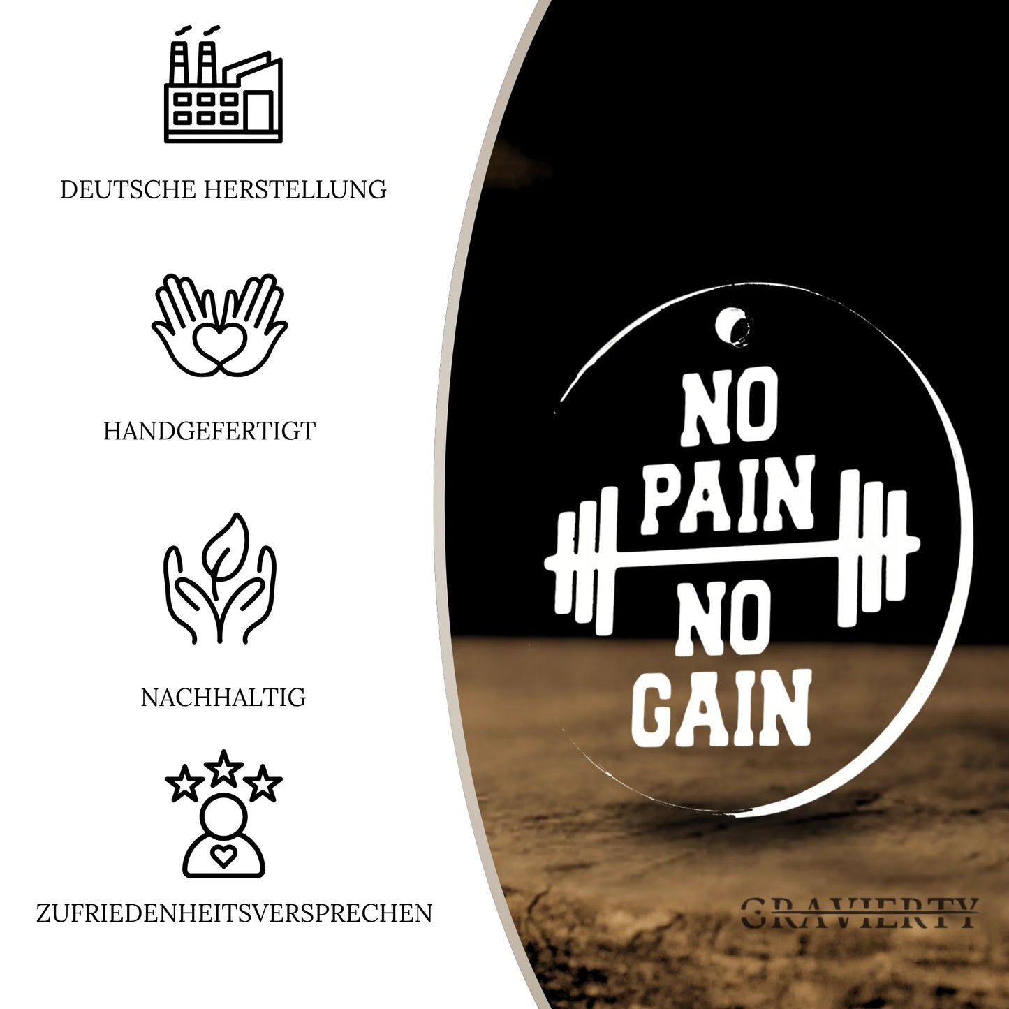 Vorteile des Acryl Duftbaums 'No Pain - No Gain' : Deutsche Herstellung, Handgefertigt, Nachhaltig, Zufriedenheitsversprechen