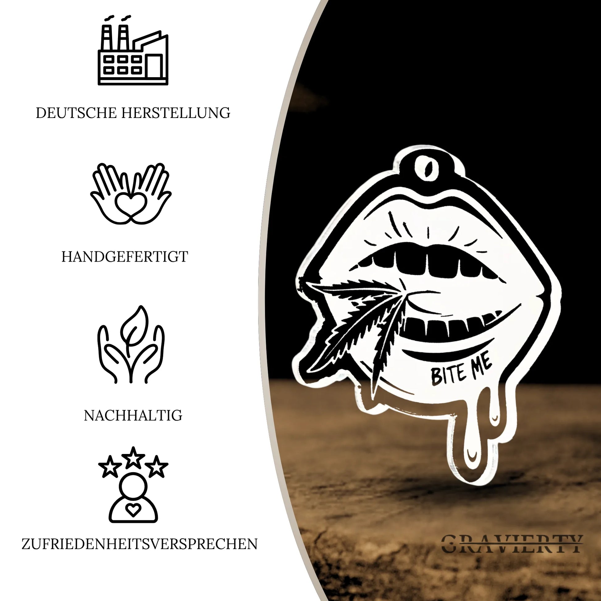 Vorteile des Acryl Duftbaums 'Bite me' : Deutsche Herstellung, Handgefertigt, Nachhaltig, Zufriedenheitsversprechen